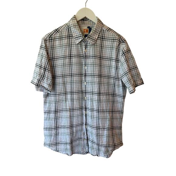 Boss Orange Short Sleeve Button Up Shirt Plaid Cotton White Men's Size Large - Picture 1 of 11